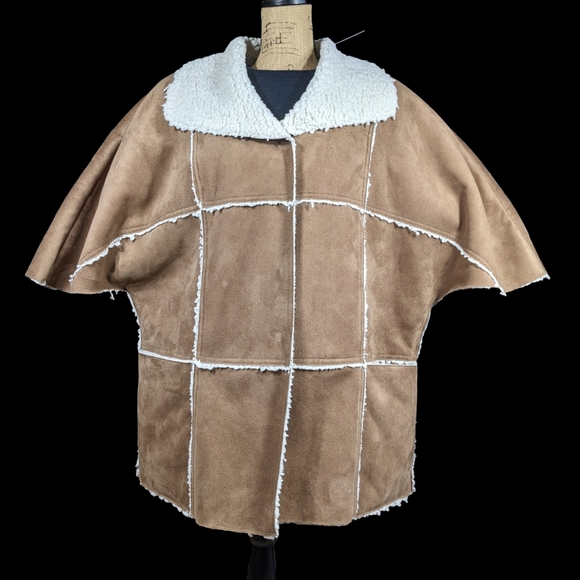 Faux Suede Sherpa Reversible Coat LG Soft Batwing 3/4 Sleeve Pocket Boho Driving - Picture 11 of 16